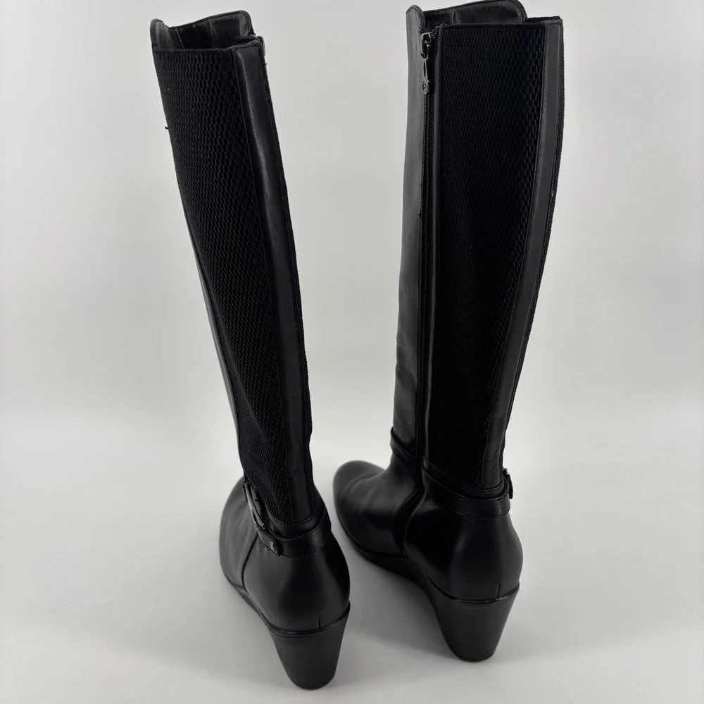 Blondo Womens Knee High Wedge Boots 11M Black Leather Waterproof Rainy Day Chic
